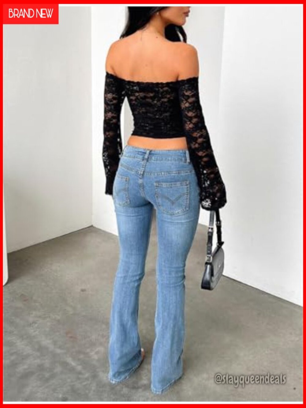 Off Shoulder Crop Top Long Sleeve Sheer Lace Backless Going Out - Picture 7 of 7